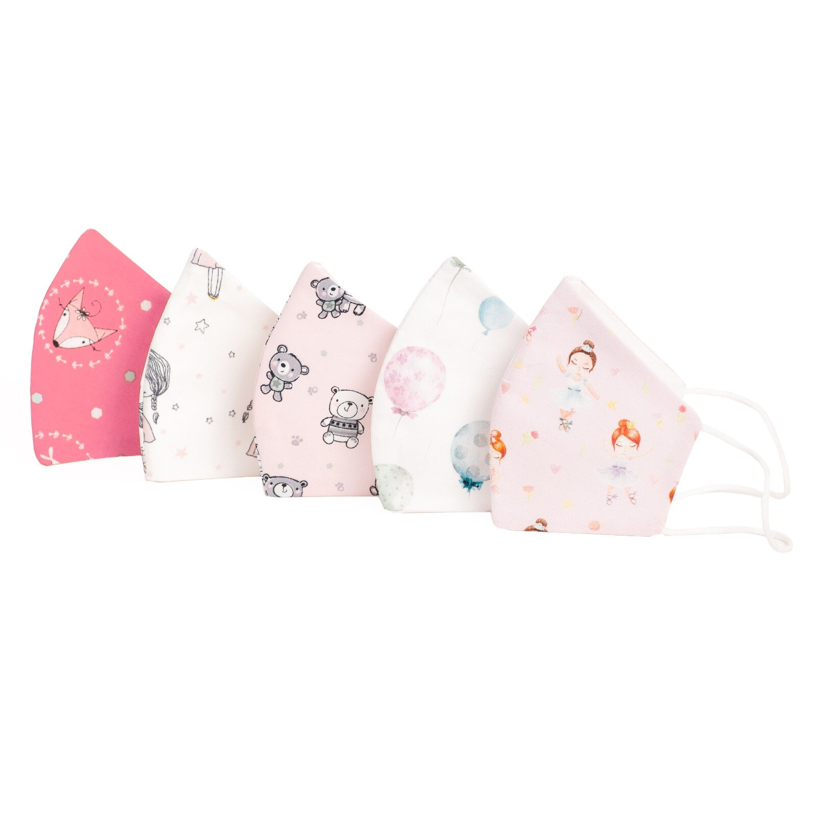 Set 5 Masti protectie fata bumbac COPII, SWEET BALLERINA , reutilizabile, 3 straturi, anatomice, cu elastic, copii