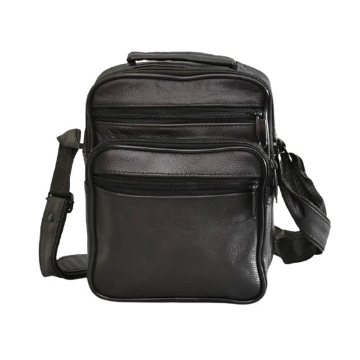 Férfi táska 0518, Valódi bőr, 17/20/7cm, Fekete