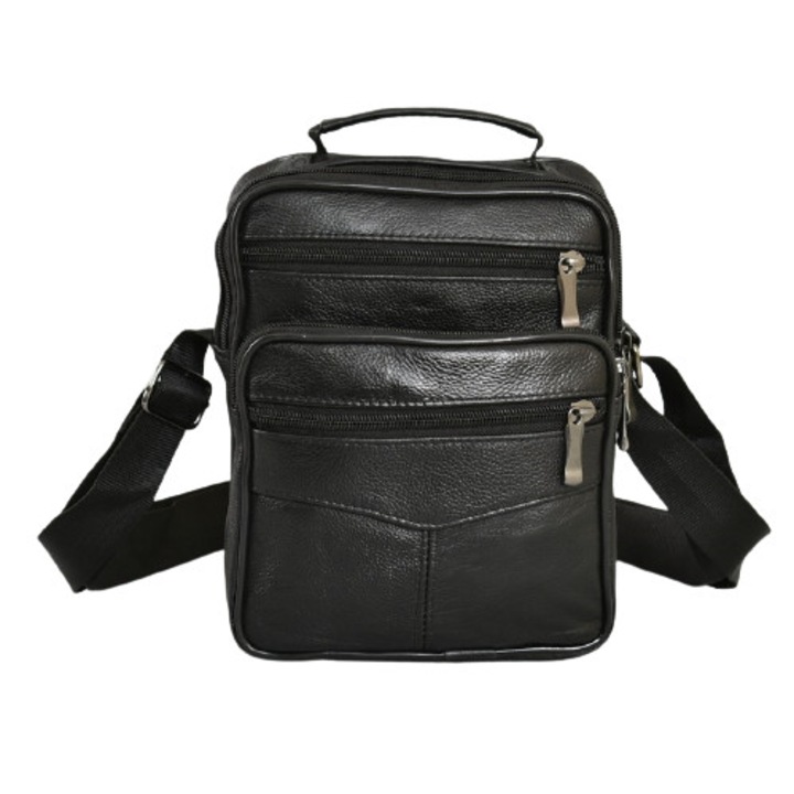 Férfi táska 0516, Valódi bőr, 17/21/7cm, Fekete