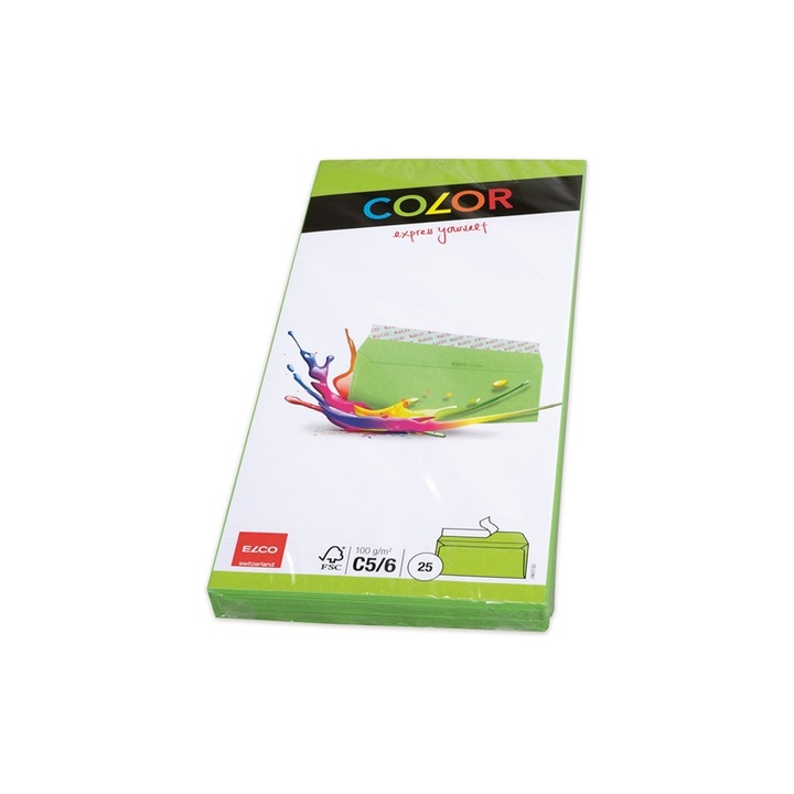 Plic Elco, Postal, C6/5, 114 x 229 mm, 100 g, Banda autoadeziva, Verde deschis, 25 buc