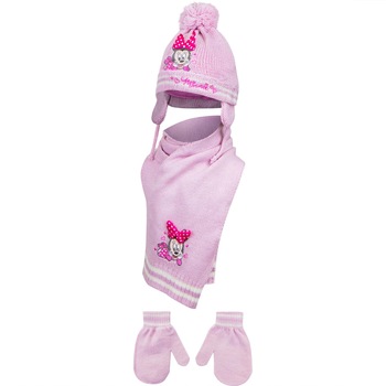Set 3 piese, caciula, fular si manusi, fete, Minnie Mouse, Roz Set 3 piese, caciula, fular si manusi, fete, Minnie Mouse, Roz