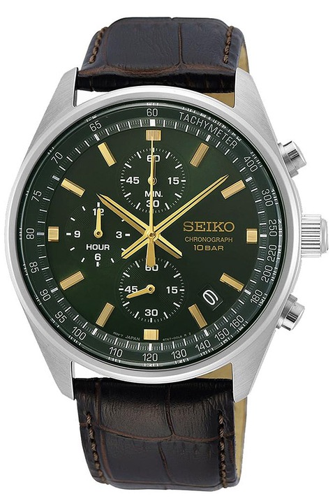 Seiko, Часовник с хронограф и кожена каишка, Сребрист / Тъмнокафяв