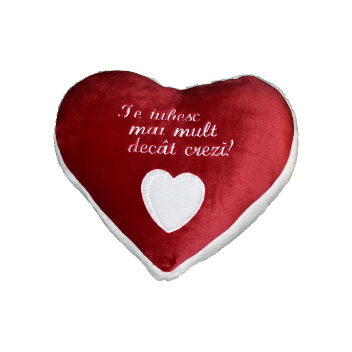 Perna Inimioara ”Te iubesc mai mult decat crezi !”, rosu inchis, 40x42 cm, material flanelfleece