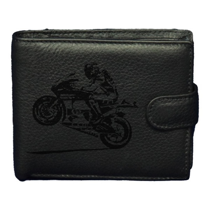 Мъжко портмоне Be Creative, Моторист, Лазерно гравирано, Италианска естествена кожа, Черен