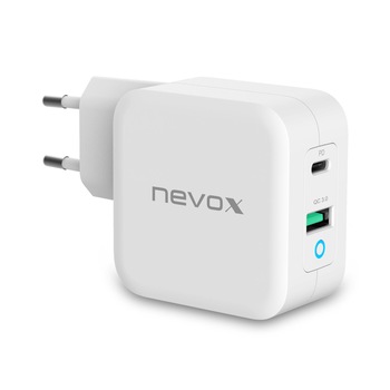 Incarcator priza fast charge 65W NEVOX, USB-C Power Delivery (PD) + USB QC3.0 GaN, alb Incarcator priza fast charge 65W NEVOX, USB-C Power Delivery (PD) + USB QC3.0 GaN, alb