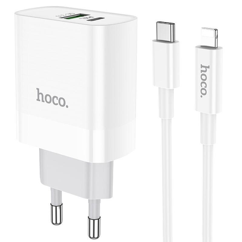 Incarcator retea Hoco C80A, USB/USB-C, Quick Charge 3.0, Power Delivery 20W, Cablu Lightning inclus, Alb