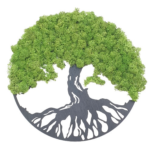 Aranjament tip tablou, din lemn, copacul vietii, Decor cu licheni, verde inchis, diametru 30 cm