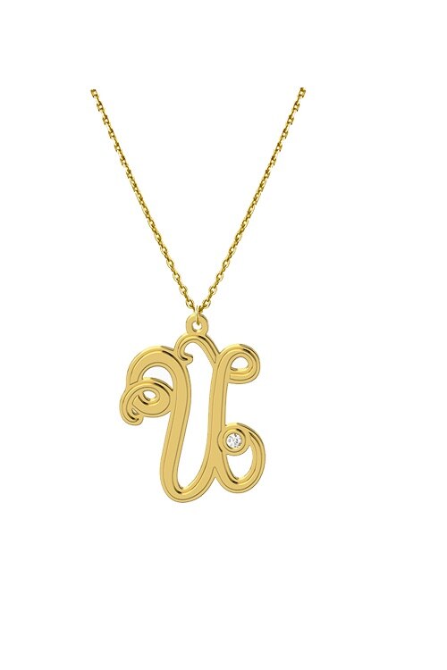 Lant cu pandantiv Monograma U, Coriolan, aur galben 14K, diamant 0.01 carate, GVS1, 42-45 cm