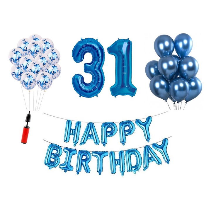Комплект 36 балона, Domi Party & Gifts, Happy Birthday 31 години юбилей, фолио цифри 100 см, син