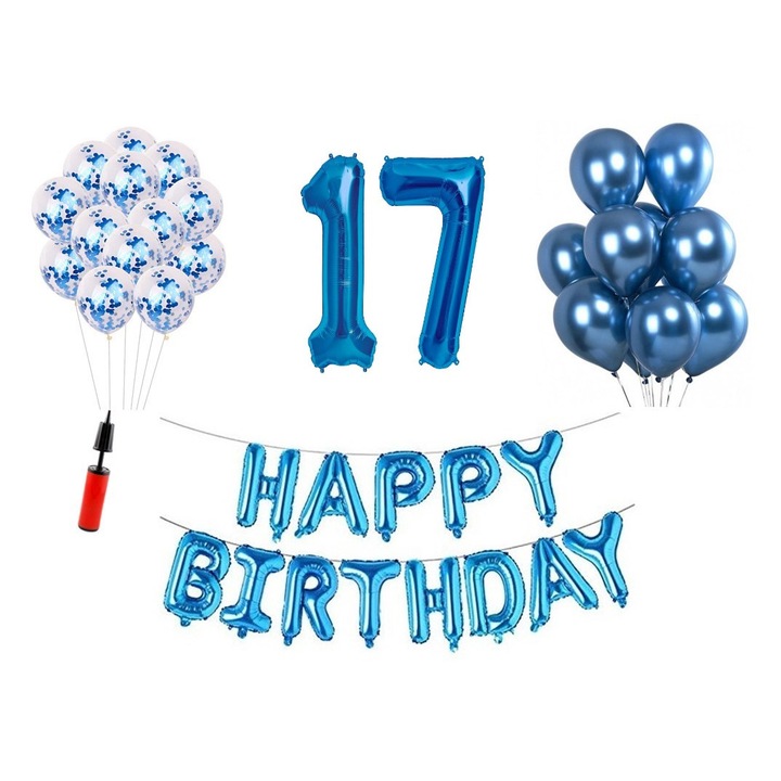 Комплект 36 балона, Domi Party & Gifts, Happy Birthday 17 години юбилей, фолио цифри 100 см, син