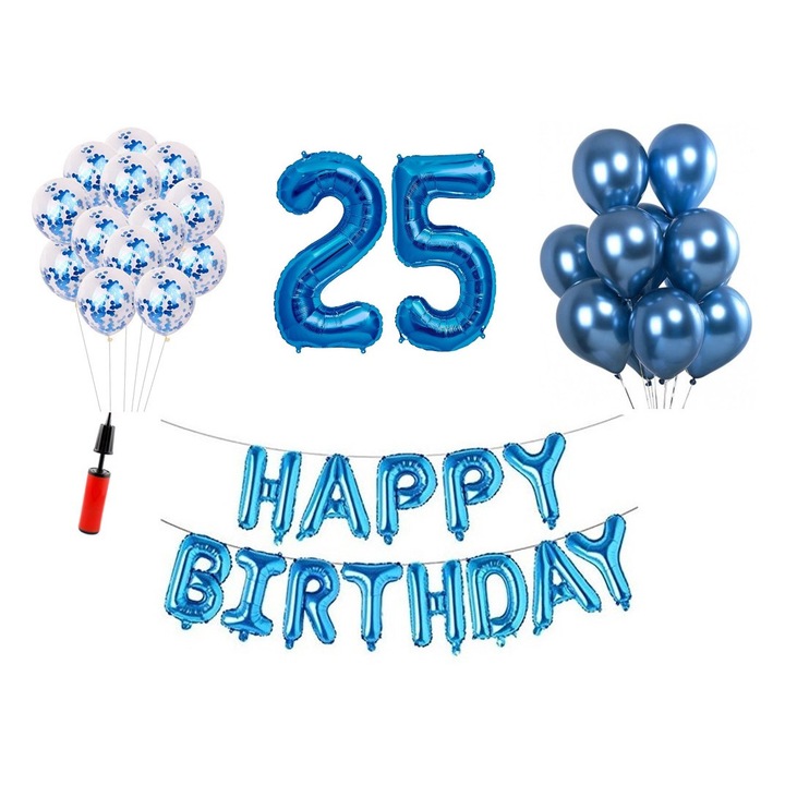 Комплект 36 балона, Happy Birthday 25 години юбилей, фолио цифри 100 см, сини