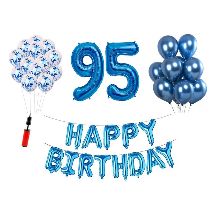 Комплект 33 балона, Domi Party & Gifts, Happy Birthday 95 години юбилей, фолио цифри 100 см, син