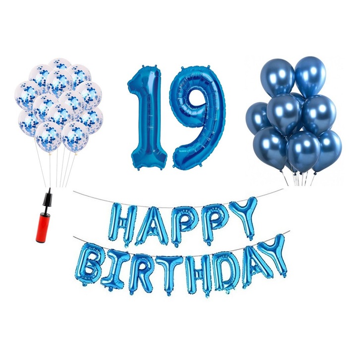 Комплект 36 балона, Domi Party & Gifts, Happy Birthday 19 години юбилей, фолио цифри 100 см, син