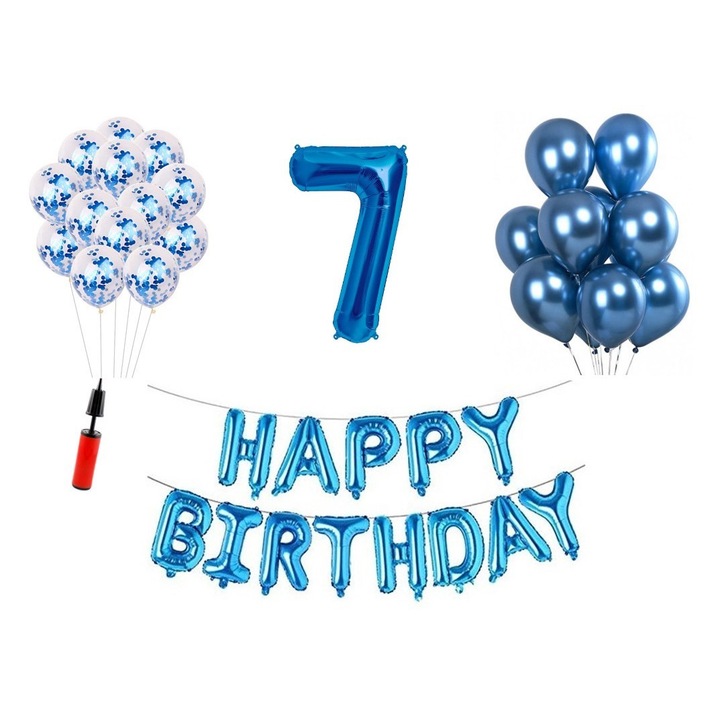 Комплект 35 балона, Happy Birthday 7 години юбилей, номер фолио 100 см, син