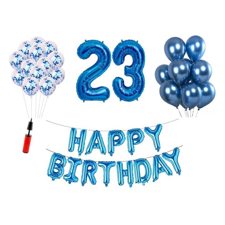 Комплект 36 балона, Domi Party & Gifts, Happy Birthday 23 години юбилей, фолио цифри 100 см, син