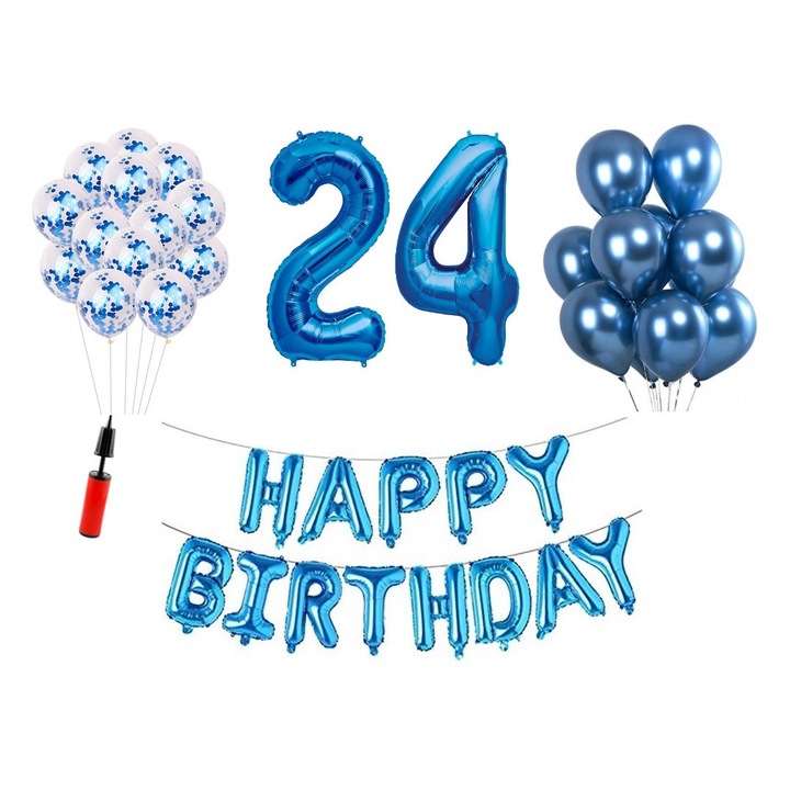 Комплект 36 балона, Domi Party & Gifts, Happy Birthday 24th юбилей, фолио цифри 100 см, син
