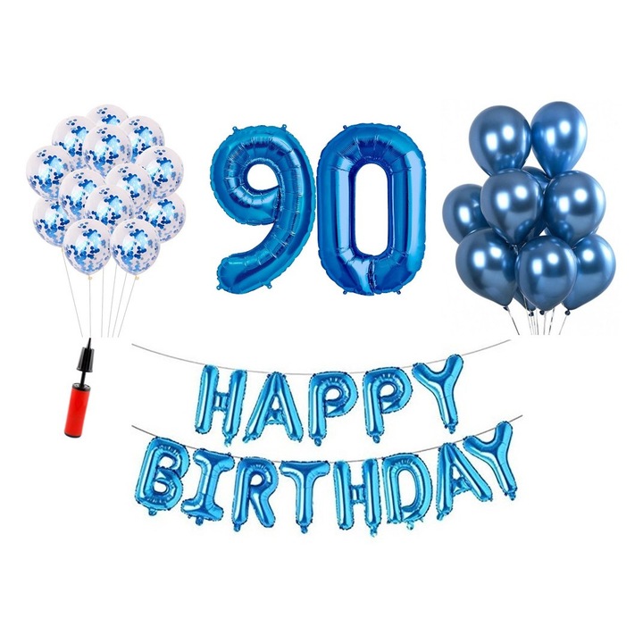 Комплект 33 балона, Domi Party & Gifts, Happy Birthday 90th юбилей, фолио цифри 100 см, син