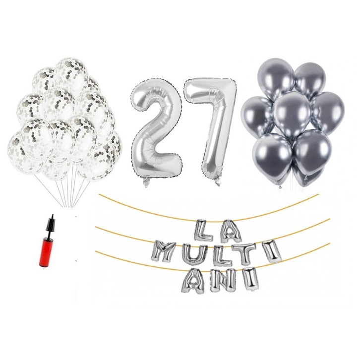 Комплект 33 балона, Domi Party & Gifts, Domi Party & Gifts, Честит рожден ден, 27 години юбилей, фолио цифри 100 см, сребрист