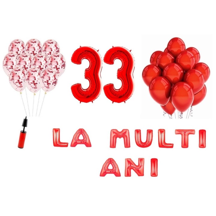 Set 33 baloane, Domi Party & Gifts, La Multi Ani aniversare 33 ani, cifre folie 100 cm, rosu