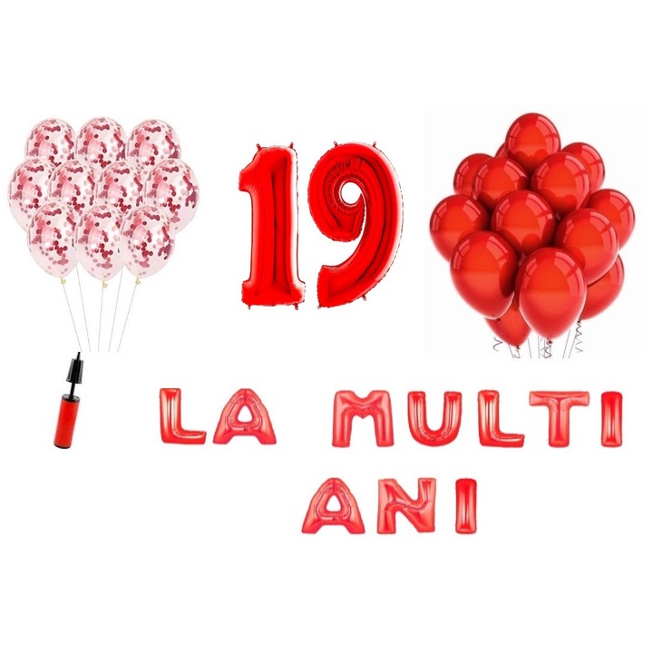 Комплект 33 балона, Domi Party & Gifts, Happy Birthday, 19th birthday, фолио цифри 100 см, червени