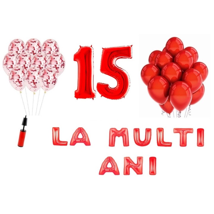 Set 33 baloane, Domi Party & Gifts, La Multi Ani aniversare 15 ani, cifre folie 100 cm, rosu