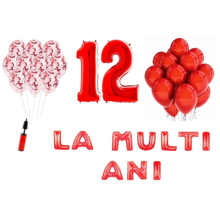 Set 33 baloane, Domi Party & Gifts, La Multi Ani aniversare 12 ani, cifre folie 100 cm, rosu
