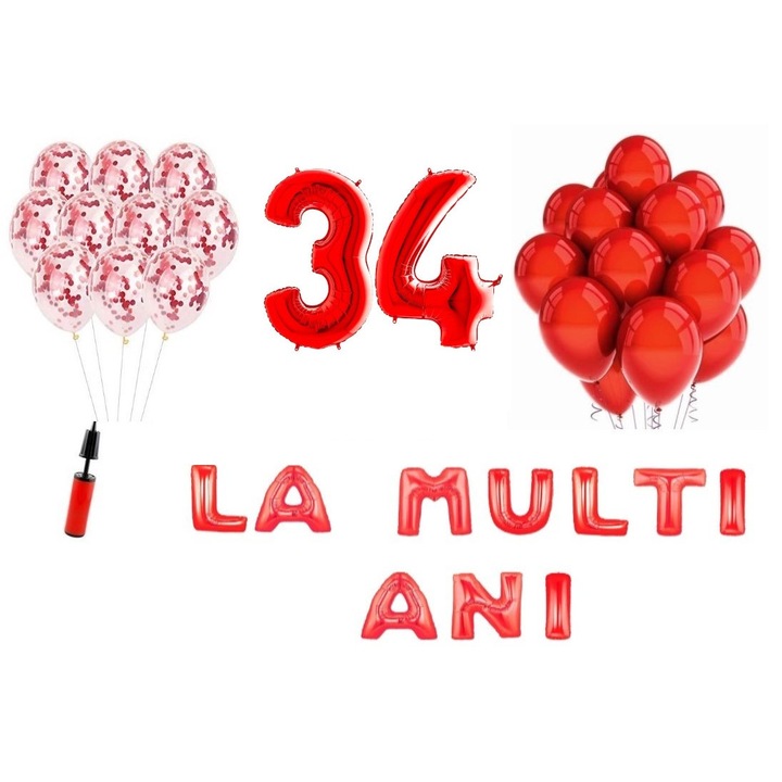 Set baloane, 33 elemente, La Multi Ani aniversare 34 ani, cifre folie 101 cm, rosu
