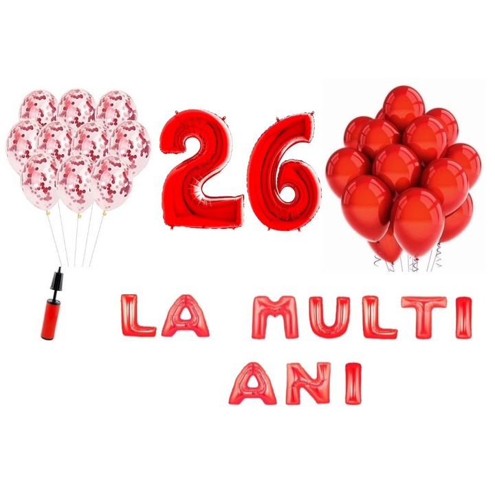 Комплект 33 балона, Domi Party & Gifts, Happy Birthday 26 години юбилей, цифри фолио 100 см, червено