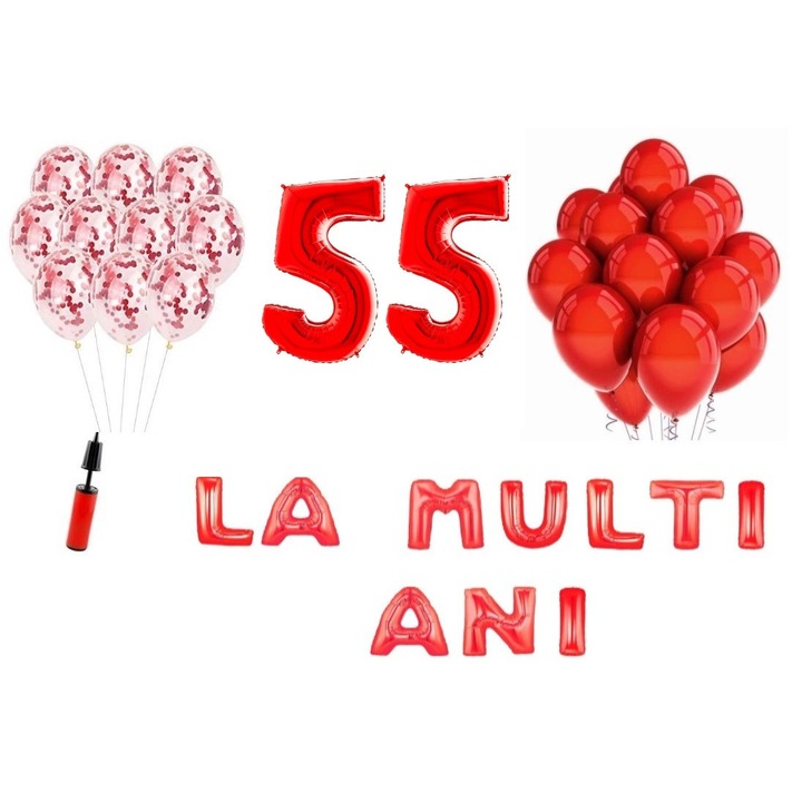 Set 33 baloane, Domi Party & Gifts, La Multi Ani aniversare 55 ani, cifre folie 100 cm, rosu