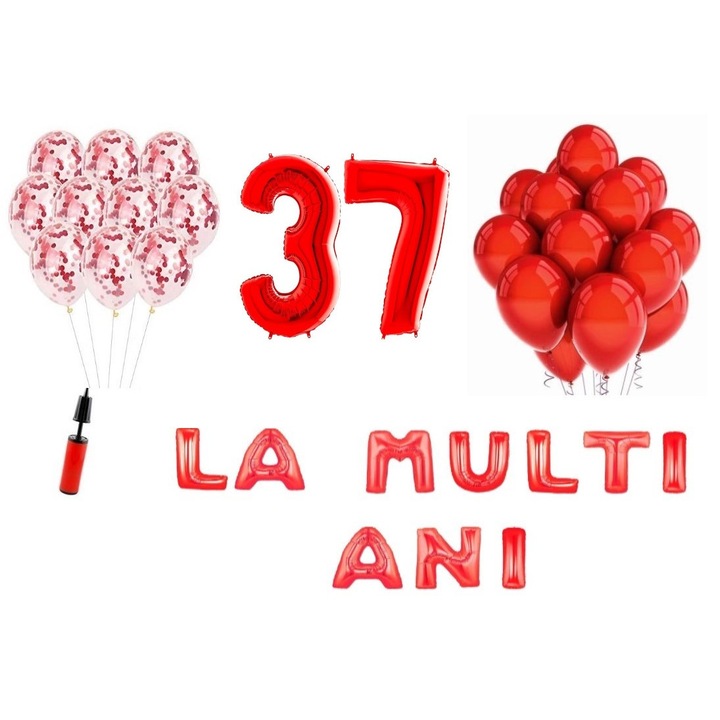 Комплект 33 балона, Domi Party & Gifts, Честит рожден ден, 37 годишнина, фолио цифри 100 см, червени