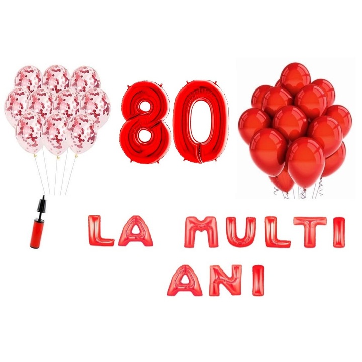 Set 33 baloane, Domi Party & Gifts, La Multi Ani aniversare 80 ani, cifre folie 100 cm, rosu