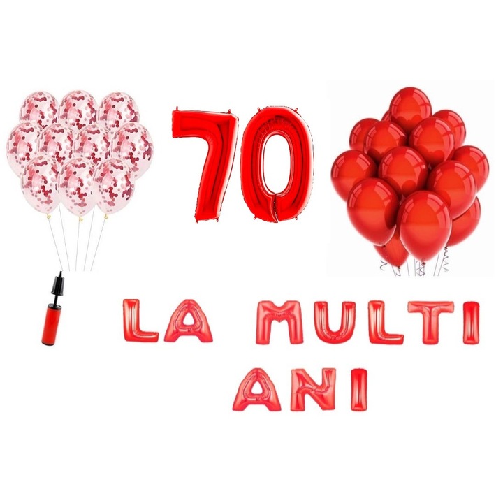 Set baloane, 33 elemente, La Multi Ani aniversare 70 ani, cifre folie 101 cm, rosu