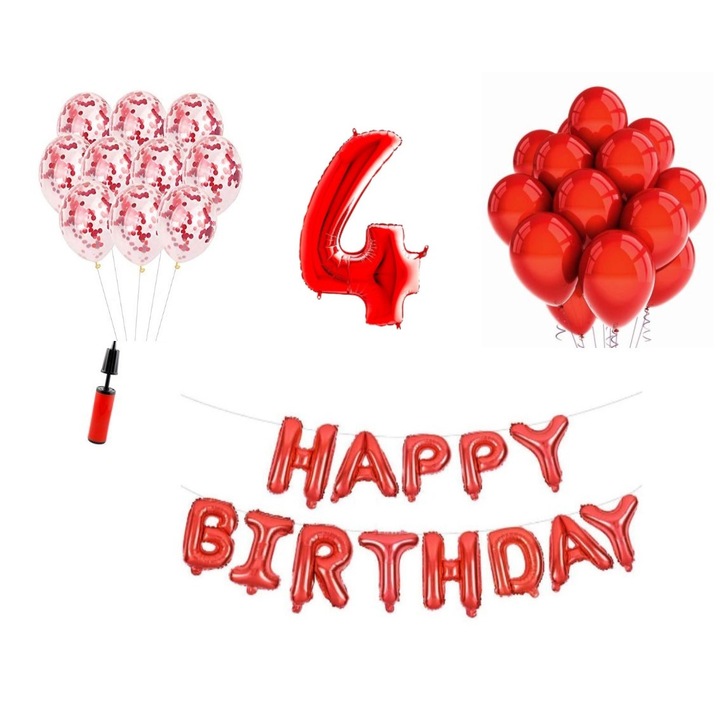 Комплект 35 балона, Happy Birthday 4 години юбилей, номер фолио 100 см, червен