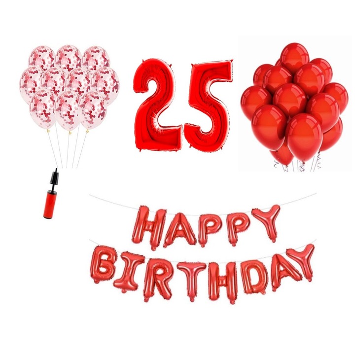 Комплект 36 балона, Happy Birthday 25 години юбилей, фолио цифри 100 см, червени