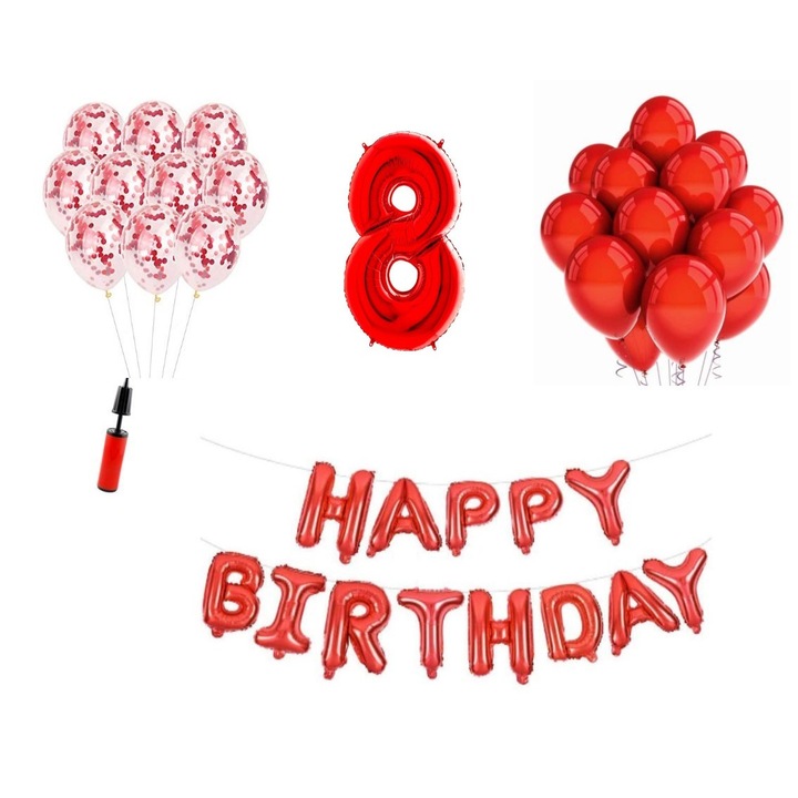 Комплект 35 балона, Happy Birthday 8 години юбилей, номер фолио 100 см, червен