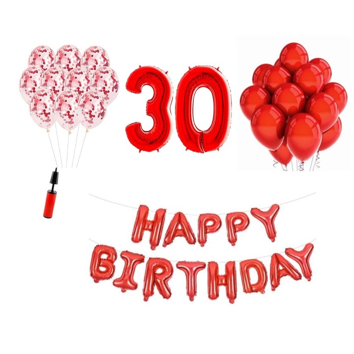 Комплект 36 балона, Happy Birthday 30 години юбилей, фолио цифри 100 см, червени