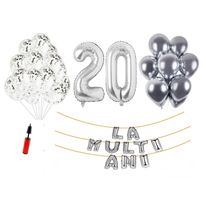Комплект 33 балона, Happy Birthday 20 години юбилей, фолио цифри 100 см, сребро