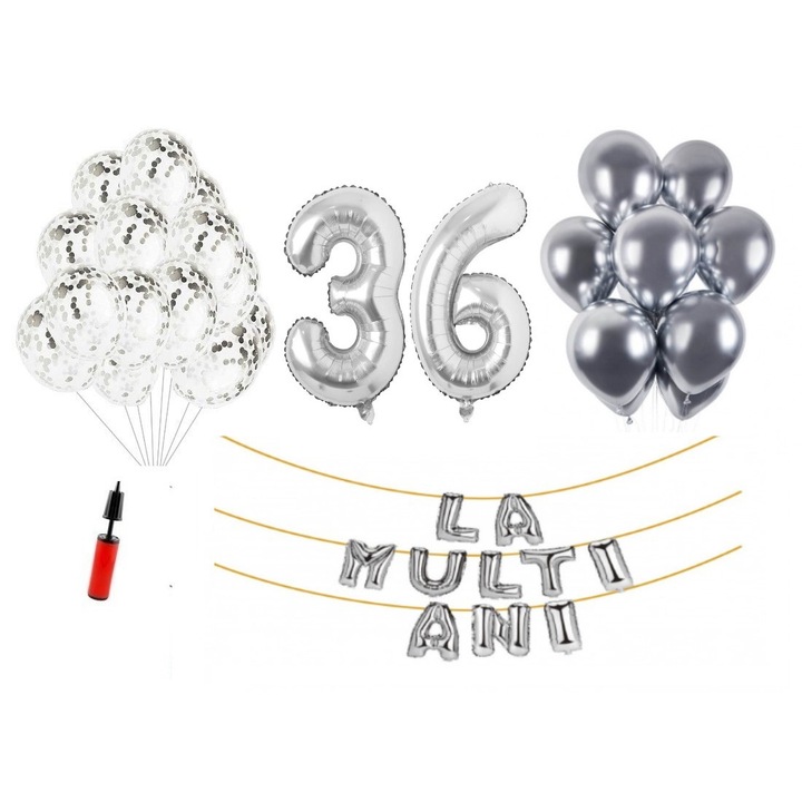Set 33 baloane, La Multi Ani aniversare 36 ani, cifre folie 100 cm, argintiu