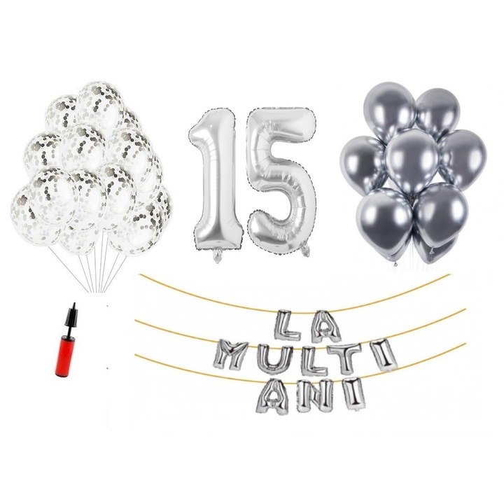 Комплект балони, Happy Birthday 15 години, 33 части, Фолио цифри, 101 см, Сребрист