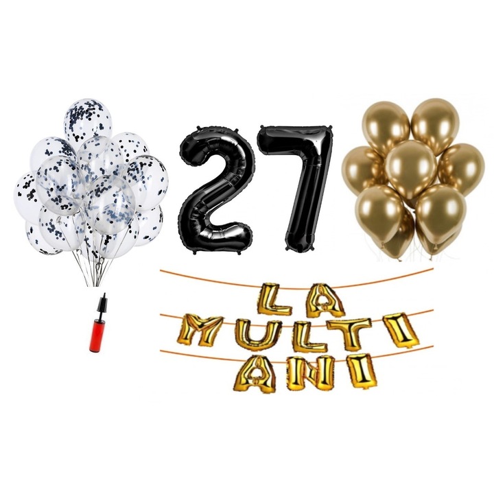 Комплект 33 балона, Domi Party & Gifts, Честит рожден ден, 27 годишнина, фолио цифри 100 см, черни