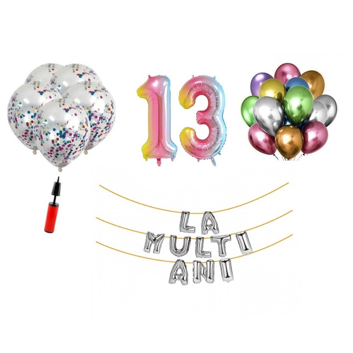 Set baloane, 33 elemente, La Multi Ani aniversare 13 ani, cifre folie 101 cm, curcubeu