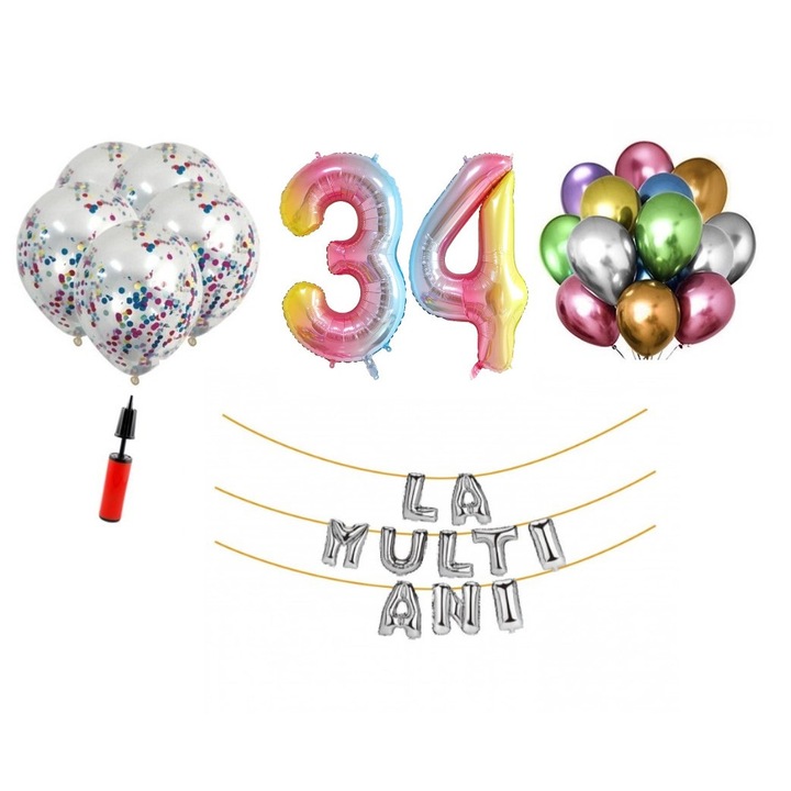 Set baloane, 33 elemente, La Multi Ani aniversare 34 ani, cifre folie 101 cm, curcubeu