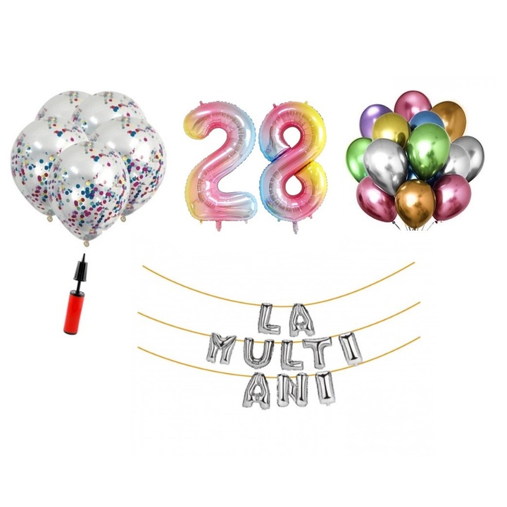 Комплект 33 балона, Happy Birthday 28 години юбилей, фолио цифри 100 см, дъга