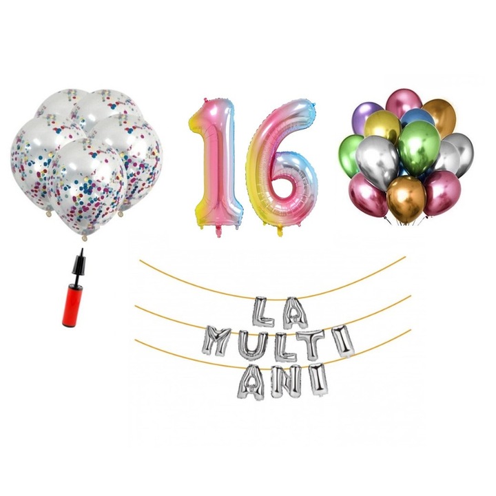 Комплект 33 балона, Domi Party & Gifts, Domi Party & Gifts, Честит рожден ден, 16-ти рожден ден, фолио цифри 100 см, дъга