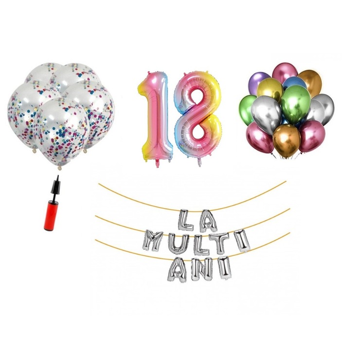 Комплект балони, 33 елемента, Happy Birthday 18th birthday, фолио цифри 101 см, дъга