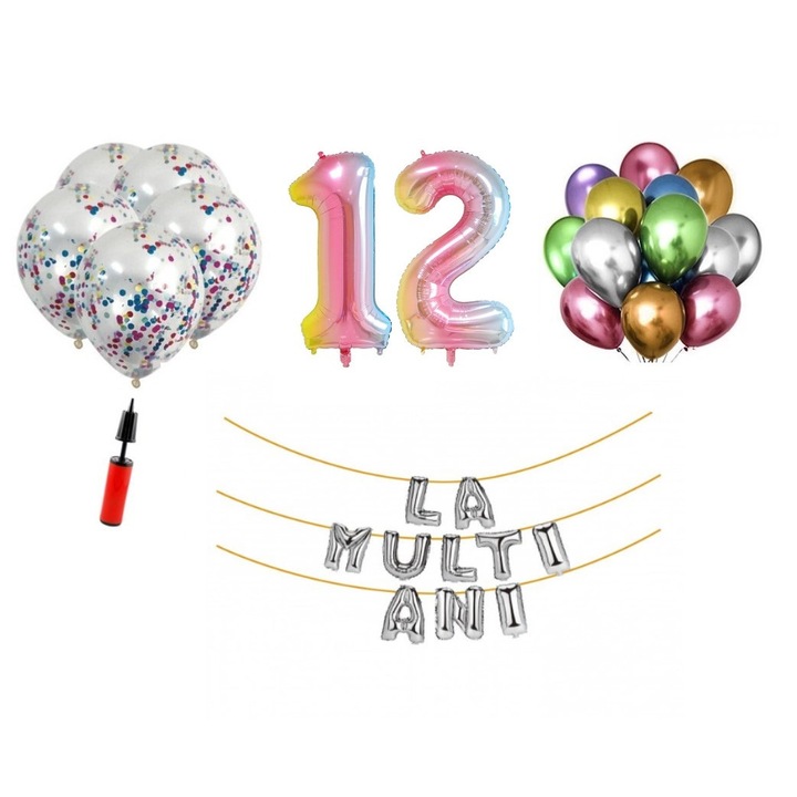 Set baloane, 33 elemente, La Multi Ani aniversare 12 ani, cifre folie 101 cm, curcubeu