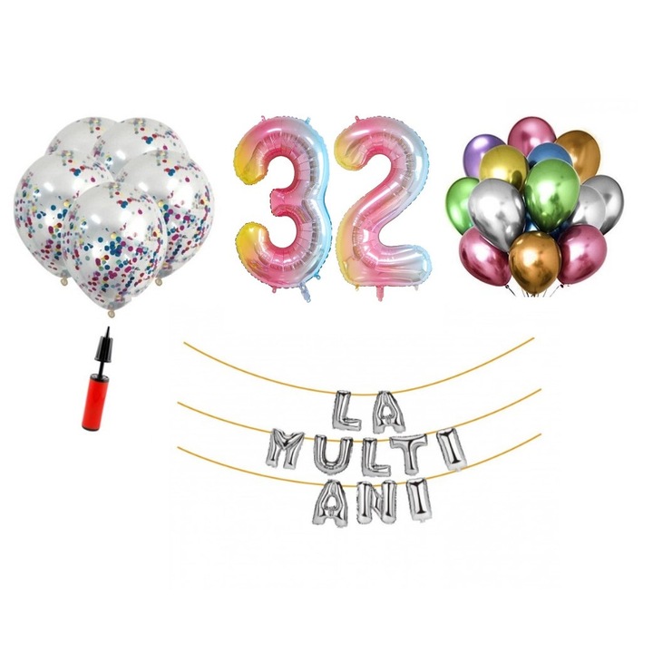 Комплект 33 балона, Happy Birthday 32 години юбилей, фолио цифри 100 см, дъга