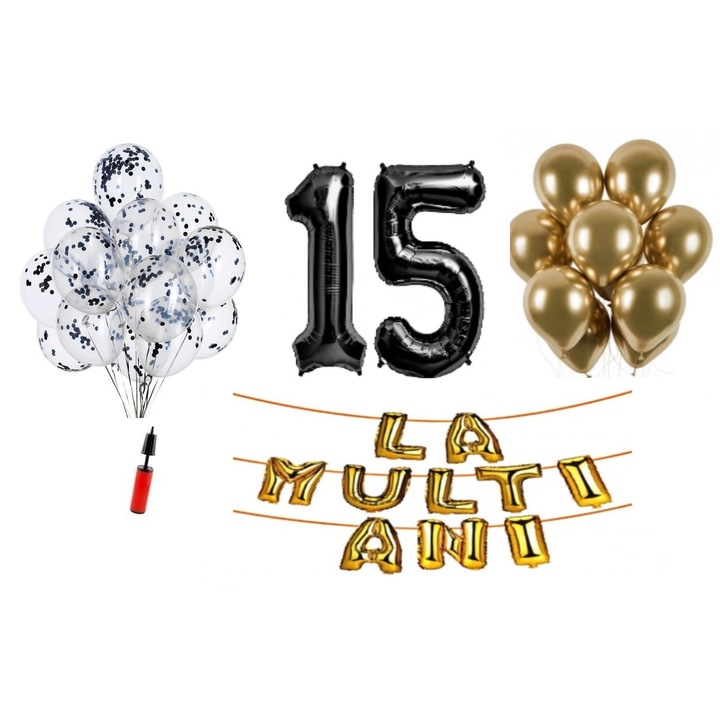 Комплект 33 балона, Domi Party & Gifts, Happy Birthday 15 години юбилей, фолио цифри 100 см, черен