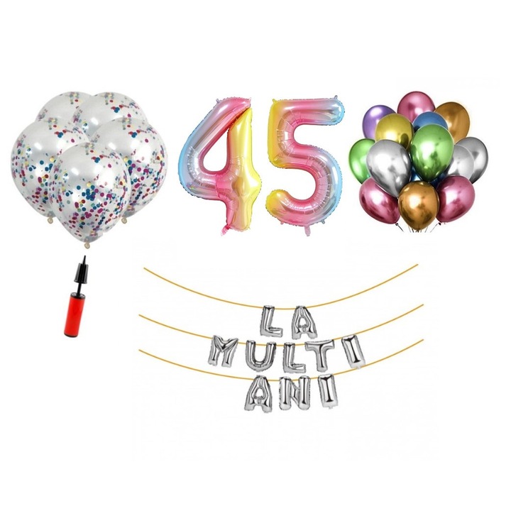 Комплект 33 балона, Domi Party & Gifts, Happy Birthday 45 години юбилей, фолио цифри 100 см, дъга