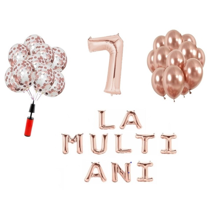 Set baloane, 32 elemente, La Multi Ani aniversare 7 ani, cifra folie 101 cm, rose gold